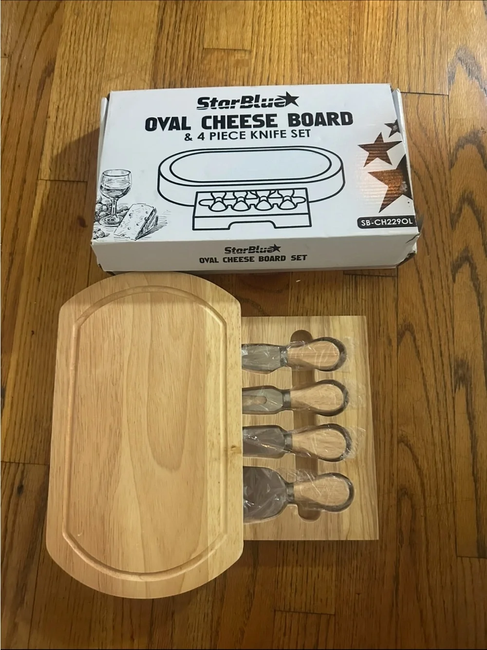 Wood Cheese Board with Four Matching Knives